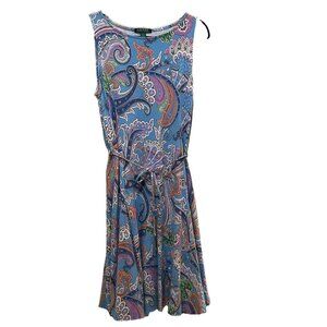LAUREN RALPH LAUREN Light Blue Paisley Fit and Flare Sleeveless Dress Sz L